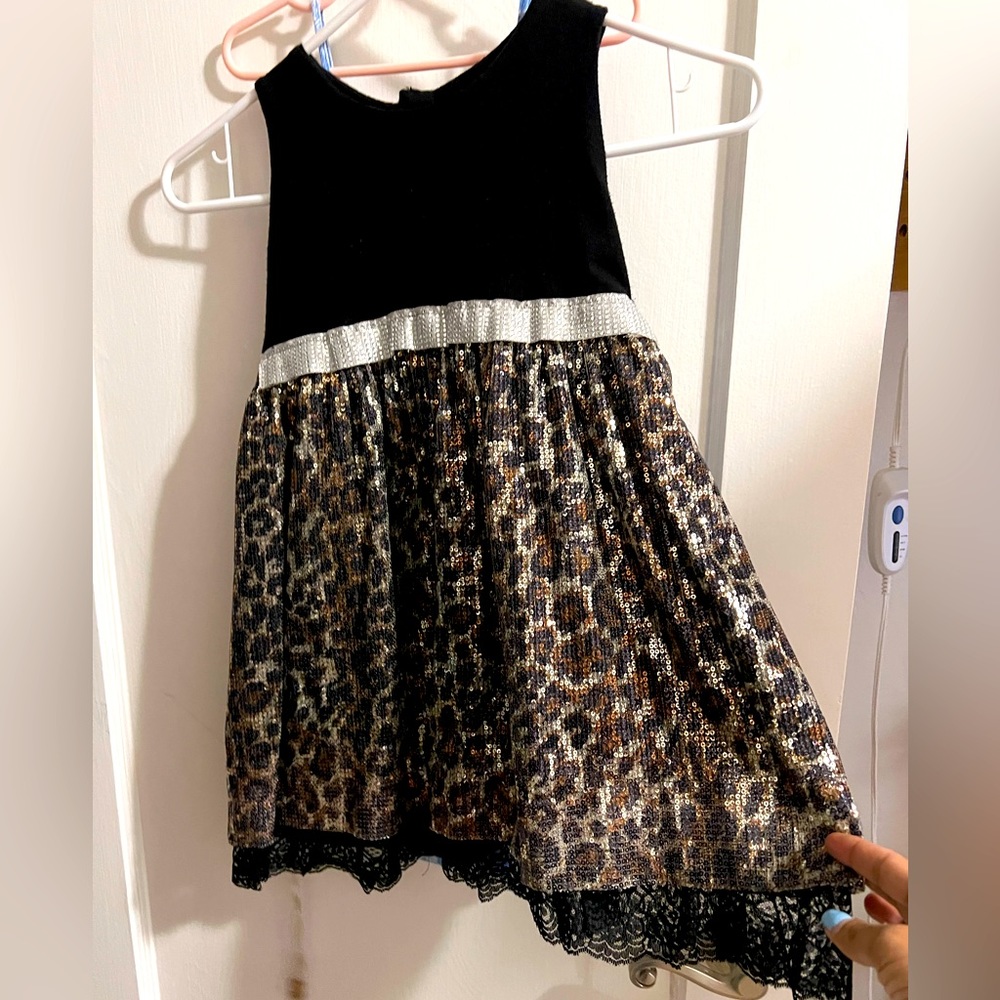 Custom made Party leopard Print and Black Lace dress for 4 year old.